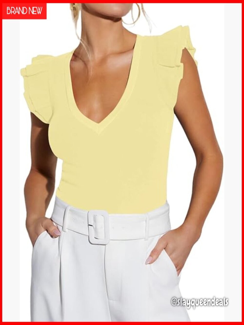 Slim Fit Ribbed Knit Tank Top V-Neck Ruffle Sleeveless Blouse
